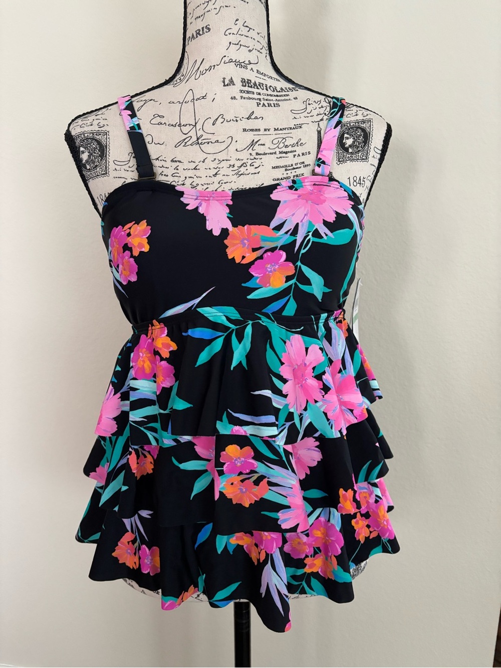 Island Escape Floral Tiered Tankini Swim Top